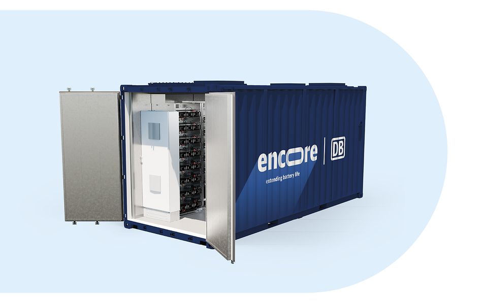 Produktbild des Batteriespeichers encore4unlimited im 20 Fuß Container mit geöffneten Türen. 