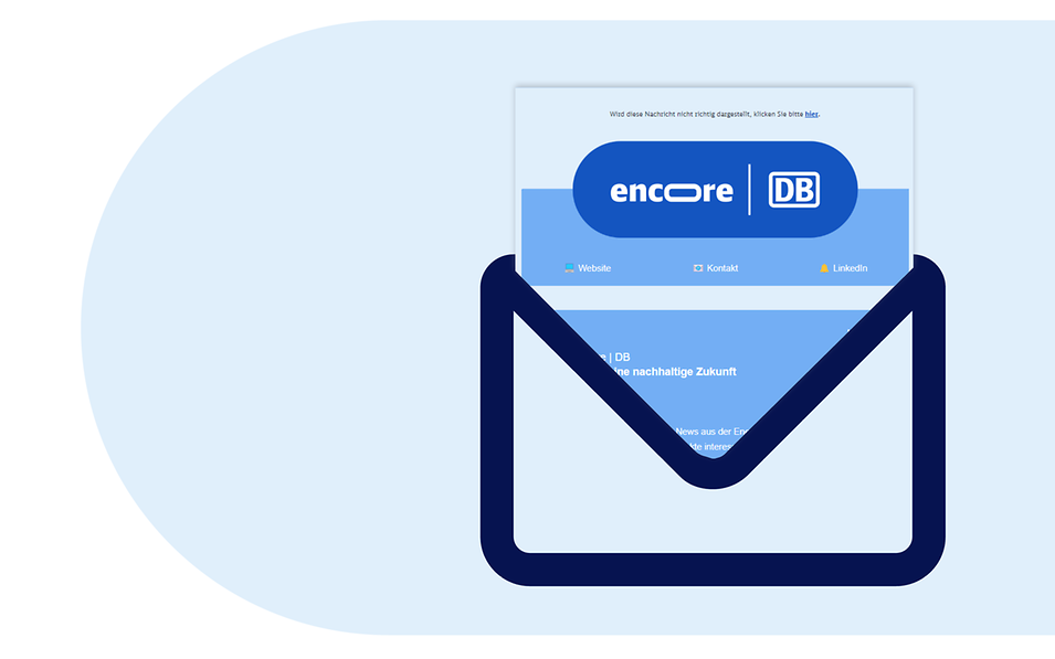 Hellblaue ovale Form mit Briefumschlag-Icon und encore Newsletter