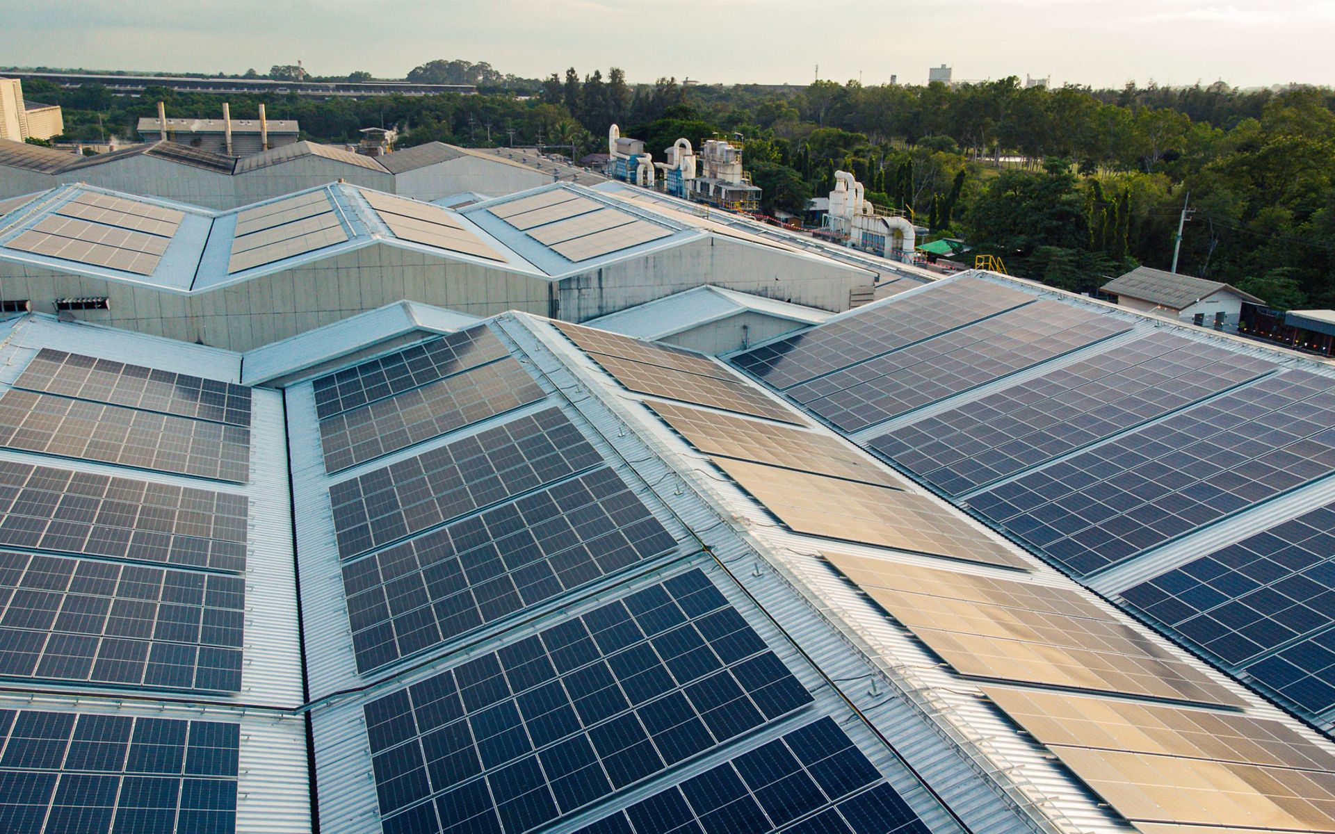 Aufnahmen von Solarzellen auf dem Dach einer großen Industrieanlage.