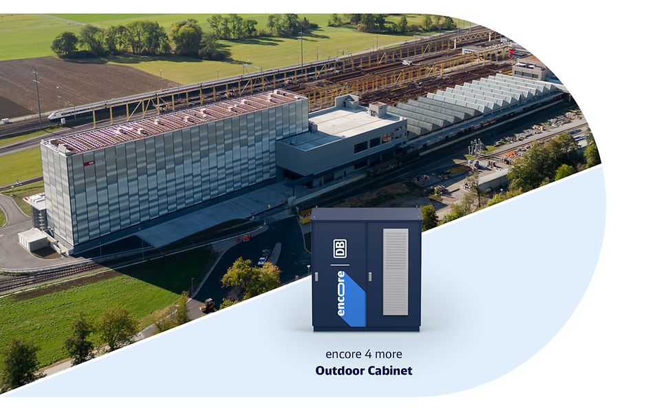 Luftaufnahme eines Fabrikgebäudes und Darstellung des Outdoor Cabinets encore4more.