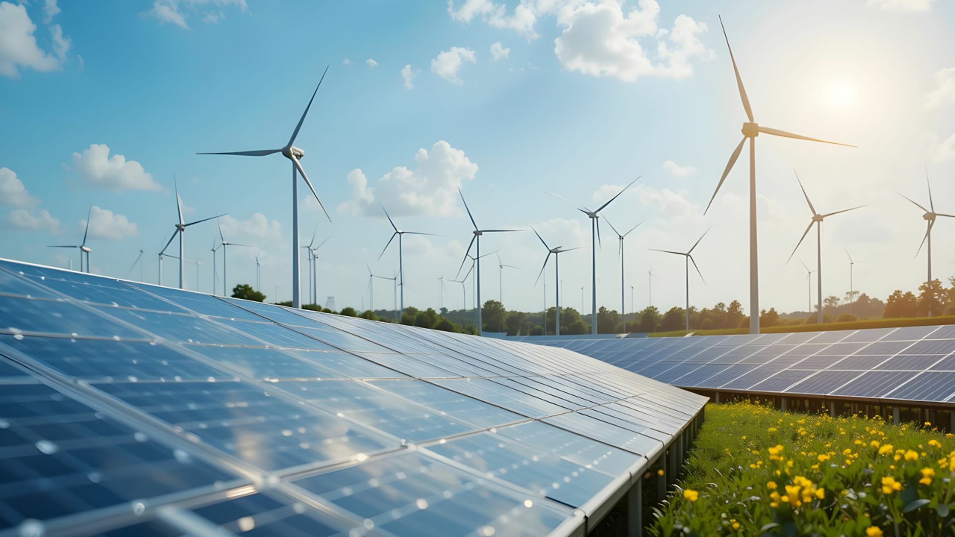 Solarpark mit Windpark im Hintergrund auf grüner Wiese bei Sonnenschein
