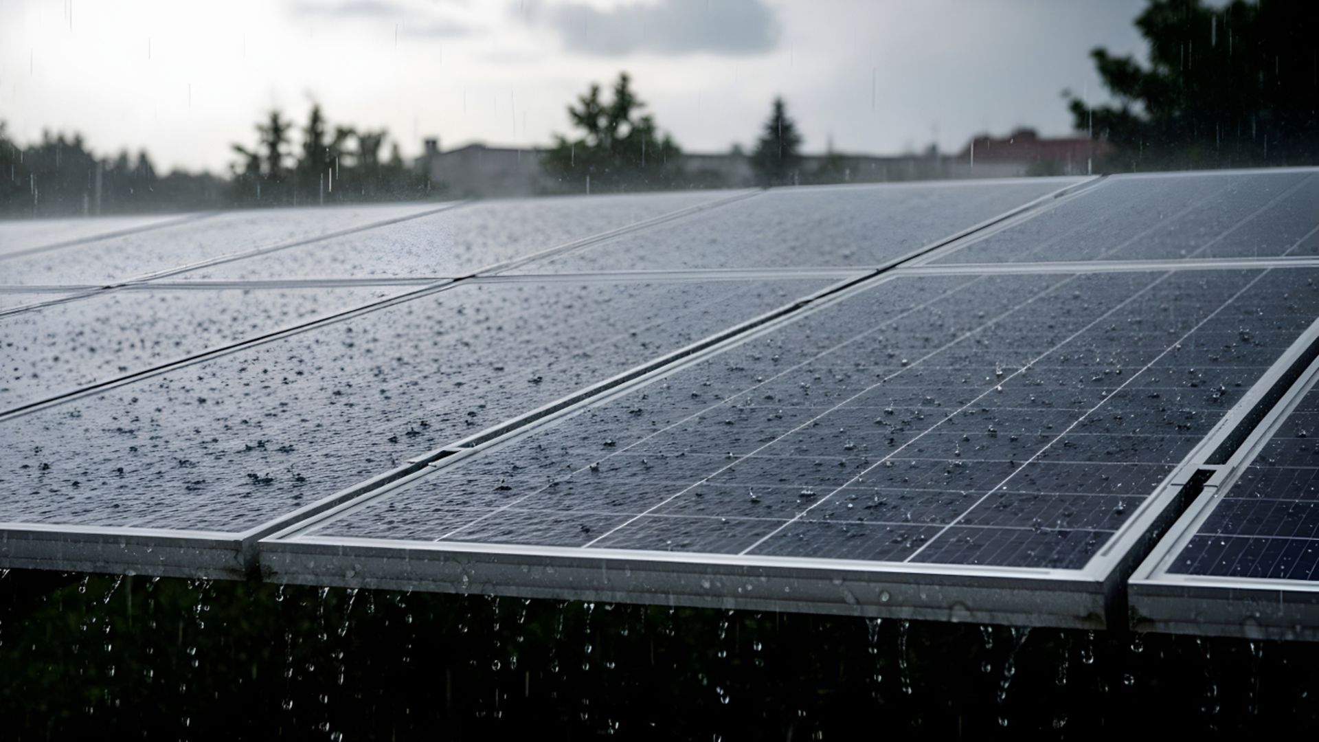 Solarpaneele bei grauem Wetter und Regen mit Bäumen und Häusern im Hintergrund