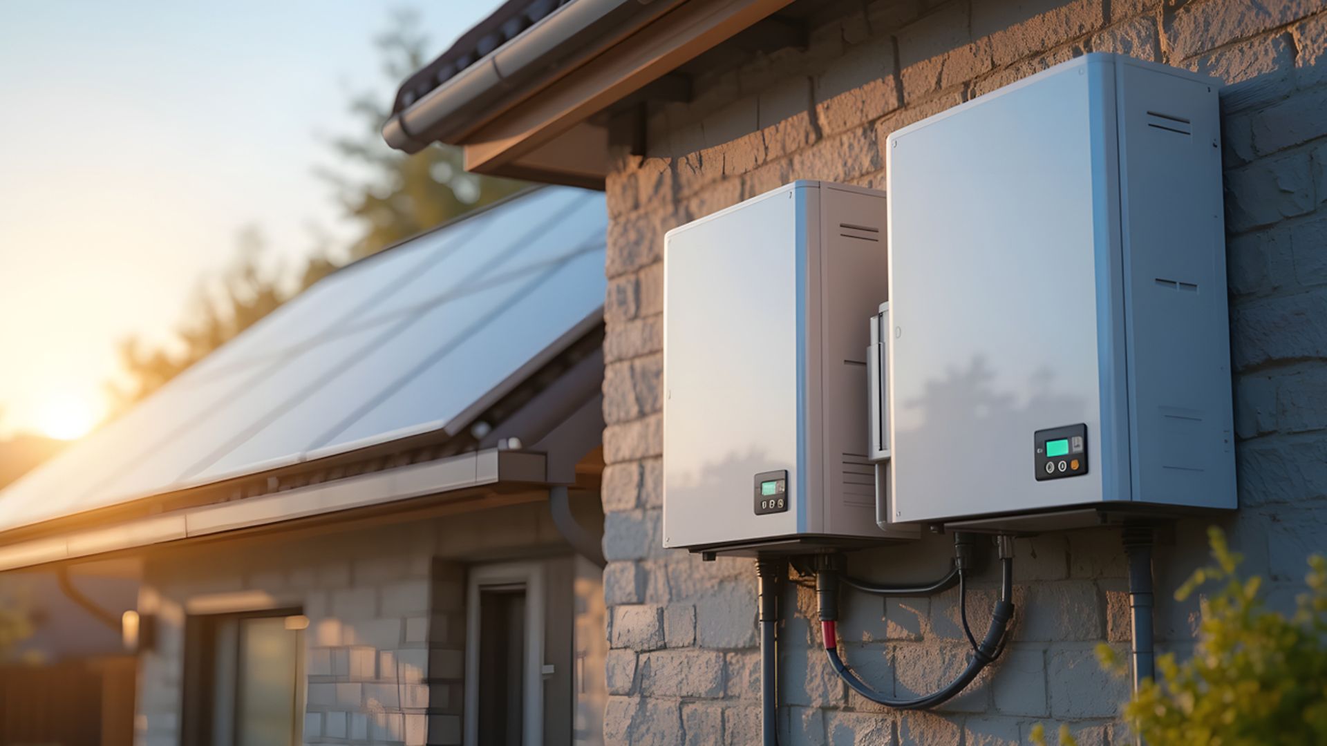 Privathaus mit Solarpaneelen und zwei Batteriespeichern an der Hauswand