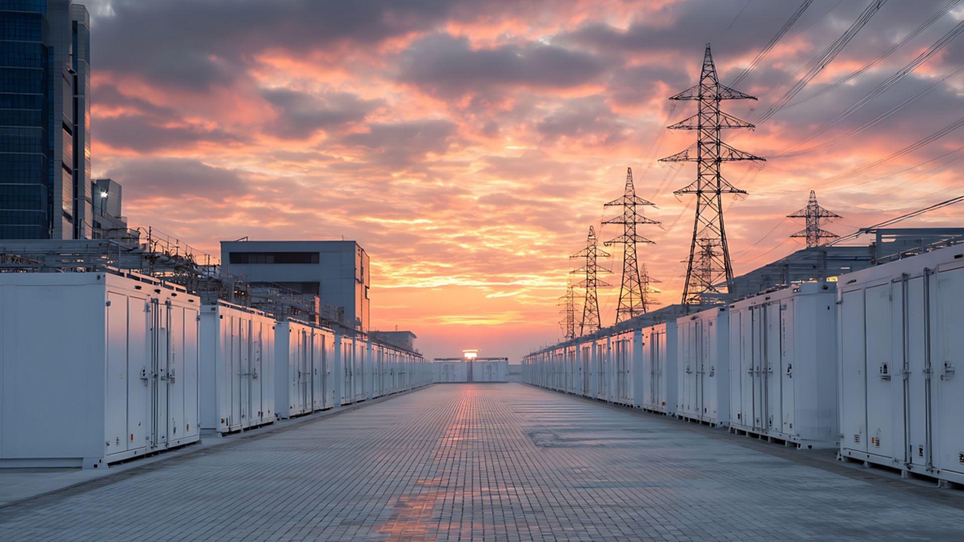 Batteriegroßspeicher links und rechts in Flucht. Am Horizont die Sonne und im Hintergrund Strommasten und zwei Gebäude.