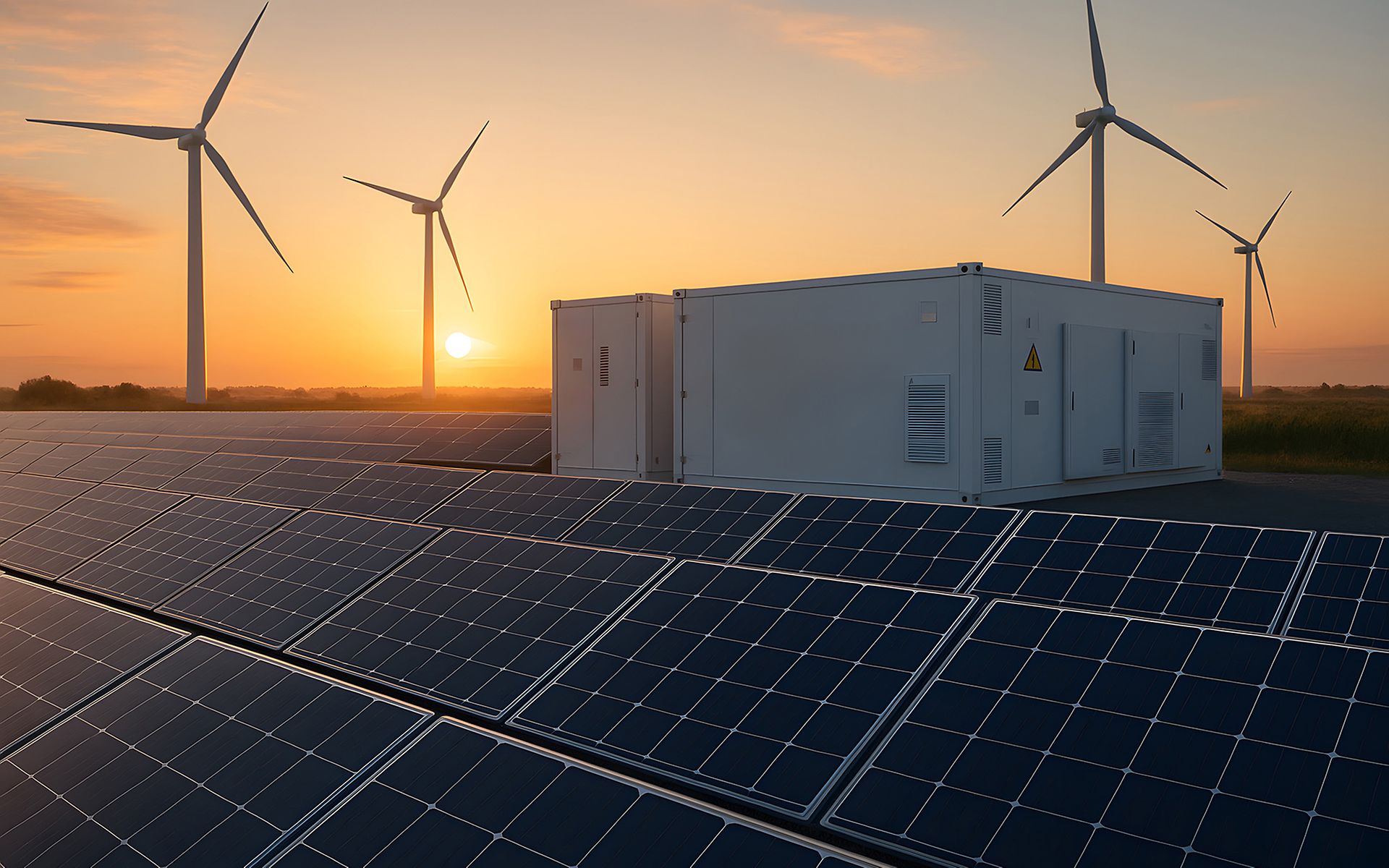 PV-Park mit Batteriegroßspeichern und Windrädern im Hintergrund