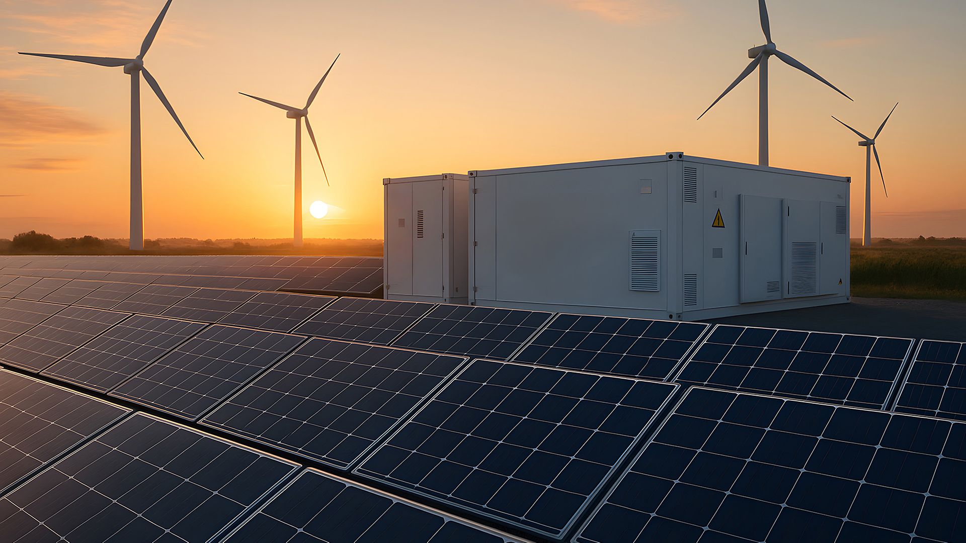 PV-Park mit Batteriegroßspeichern und Windrädern im Hintergrund