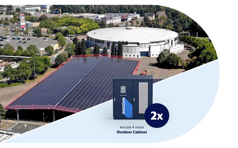 Luftaufnahme der Sparkassen-Arena Zwickau mit eingesetztem Bild des Batteriespeichers encore4more