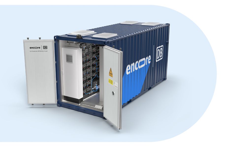 Produktbild des Batteriespeichers encore4unlimited im 20 Fuß Container mit geöffneten Türen.